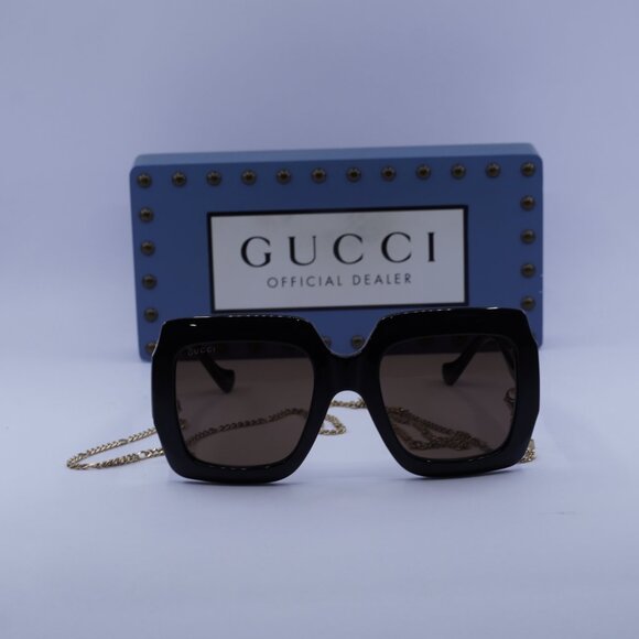 Gucci GG1022S 005 Square Sunglasses - Black/Brown with Gold Chain - Picture 2 of 11